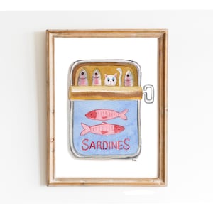 Dipinto ad acquerello di sardine in scatola, regalo per la nuova casa, poster da cucina, pesci colorati, regalo vintage per buongustai, regalo per papà con sardine, cucina alla moda