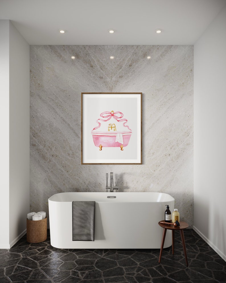 Pink Bathroom Vintage Bow Art Print, Watercolor Painting, Retro ...