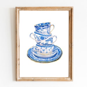 Tazas de té en azul y blanco, arte de pared con acuarela, impresión, póster de cocina, regalo para amantes del té, tazas de té vintage, ilustración de taza de té, póster de cocina, regalo