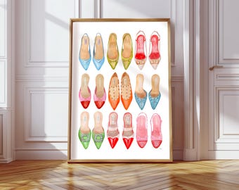 Puede incluir: Una ilustración de acuarela de 18 pares de zapatos diferentes, cada uno con un diseño y color únicos. Los zapatos están pintados en un estilo realista y están dispuestos en una cuadrícula.