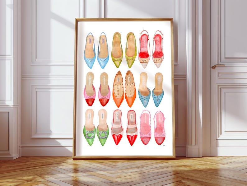 Op de afbeelding: Een aquarel-illustratie van 18 verschillende paar schoenen, elk met een uniek ontwerp en kleur. De schoenen zijn allemaal in een realistische stijl geschilderd en zijn gerangschikt in een rasterpatroon.