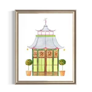 Pagoda Chinoiserie Watercolor Art Print Architectural Grandmillennial Wall Decor