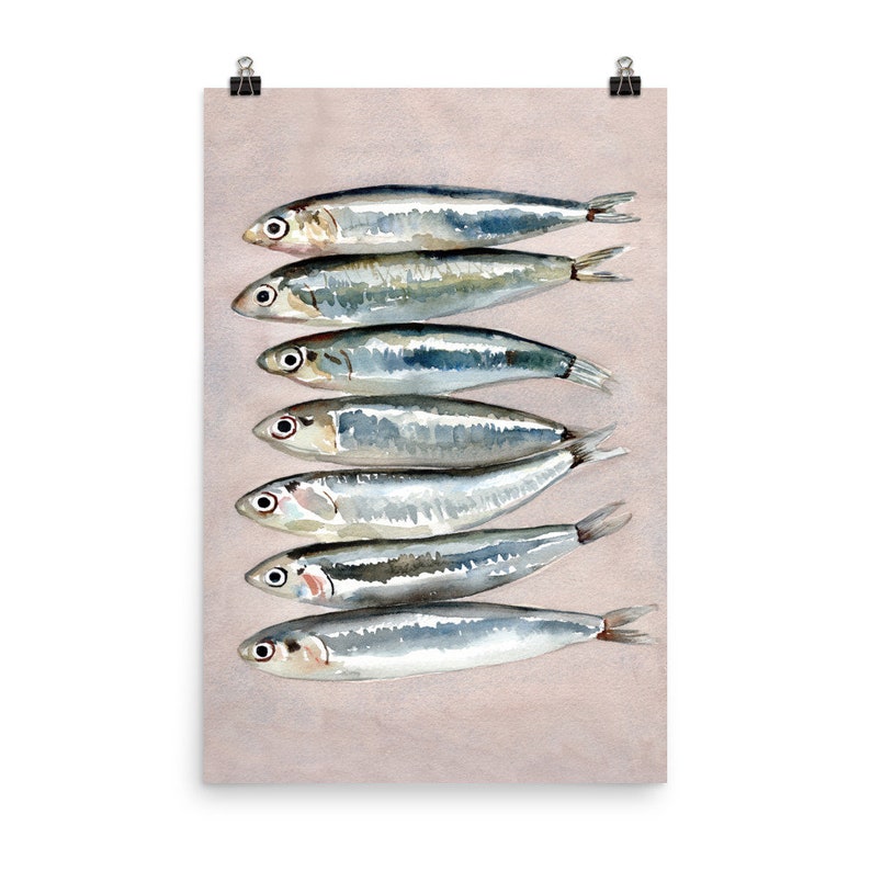 Sardines Wall Art, Watercolor Sardines, Sardine Art Poster, Fish Still Life, Gift Sardines, Gift For Kitchen, Trendy Wall Art, Fish Print