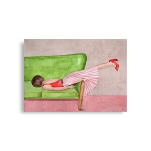 Woman Resting On Sofa, Watercolor Painting, Girls Bedroom Decor, Relaxation Art, Sleep Wall Art