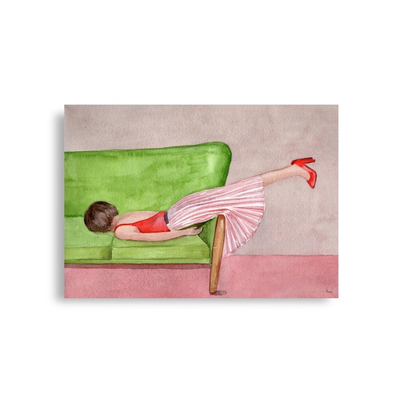 Woman Resting On Sofa, Watercolor Painting, Girls Bedroom Decor, Relaxation Art, Sleep Wall Art