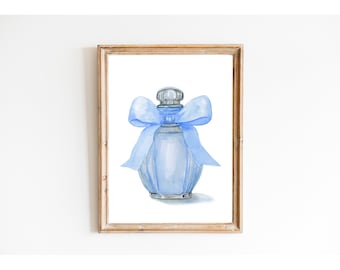 Blue Perfume Art Print, Watercolor Painting, Fashion Perfume Art, Trendy Pop Art, Girly Fashion Art, Bedroom Decor, Vintage Illustration