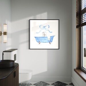 Blue Bathroom Vintage Bow Watercolor Art Print, Blue Bathtub, Gift for ...