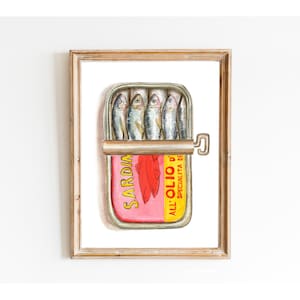 Tinned Sardines Watercolor Painting Print, Gift Sardines, Kitchen Poster, Sardine Tin Art, Dad Gift Sardine, Retro Food Art, Vintage Print