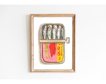 Impression de peinture aquarelle de conserves de sardines, cadeau sardines, affiche de cuisine, art de la boîte de sardines, cadeau de papa sardine, art culinaire rétro, impression vintage