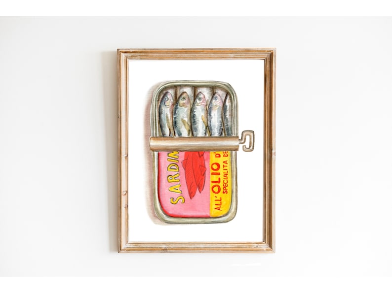 Tinned Sardines Watercolor Painting Print, Gift Sardines, Kitchen Poster, Sardine Tin Art, Dad Gift Sardine, Retro Food Art, Vintage Print