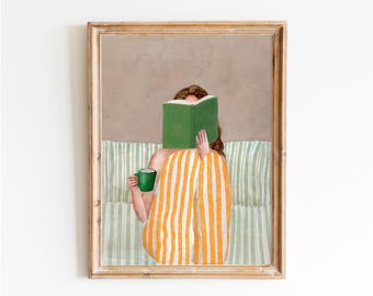 Minimalist Woman Reading Book Wall Art | Watercolor Print | Modern Abstract Decor