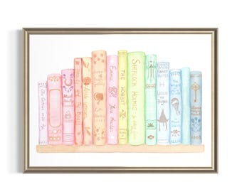 Lámina de acuarela de libros clásicos / Arte de pared vintage de biblioteca / Regalo para amantes de los libros