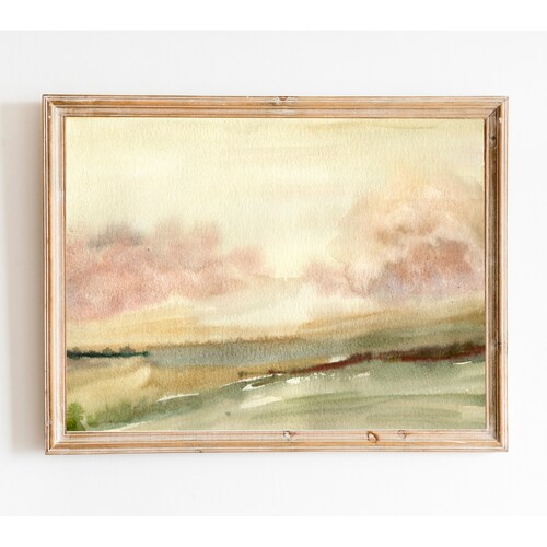 Aquarelle minimaliste paysage, grande impression abstraite, art mural neutre, décoration scandinave, aquarelle grande impression