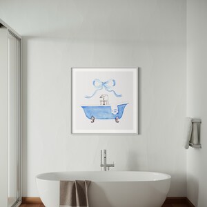 Blue Bathroom Vintage Bow Watercolor Art Print, Blue Bathtub, Gift for ...