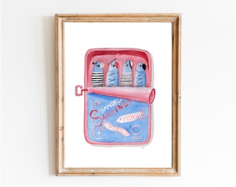 Sardine Print, Tinned Fish Print, Kitchen Decor, Vintage Food Art, Gift For Foodie, Trendy Kitchen Art, Bright Colorful Art, Sardine Print