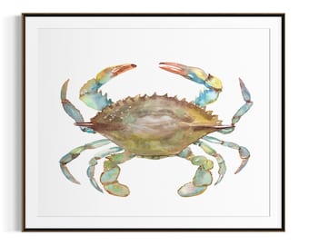 Coastal Crab Watercolor Art Print Marine Kitchen Wall Decor Blue Crab Illustration