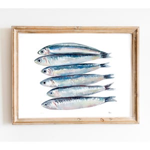 Sardines Wall Art Print, Watercolor Painting, Sardines Hand Draw, Trendy Wall Art, Gift Sardines