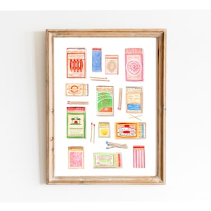 Stampa di scatole di fiammiferi, pittura ad acquerello, arte della sala giochi, stampa alla moda, arte murale femminile, opera d'arte di scatole di fiammiferi, stampa di fiocchi, Cool Girl Core, arte alla moda