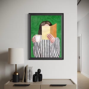 Woman Reading Emerald Green Art Print, Modern Reading Woman Art, Abstract Woman Portrait, Contemporary Style Wall Art, Watercolor Painting image 12