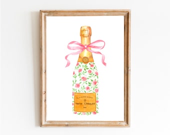 Champagne Bottle Chinoiserie Style Wall Art Print,Digital Download, Pink Watercolor Bar Cart Print, Cocktail Decor,Wine Wall Art