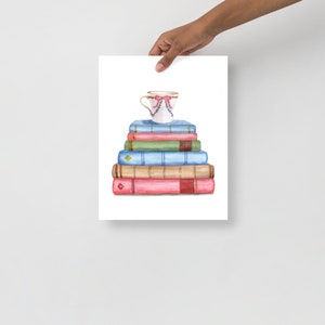 Vintage Bool Art Print, Watercolor Painting Poster, Vintage Book Art, Watercolor Book Art, Home Office Wall Art, Stack Of Books, Library Art