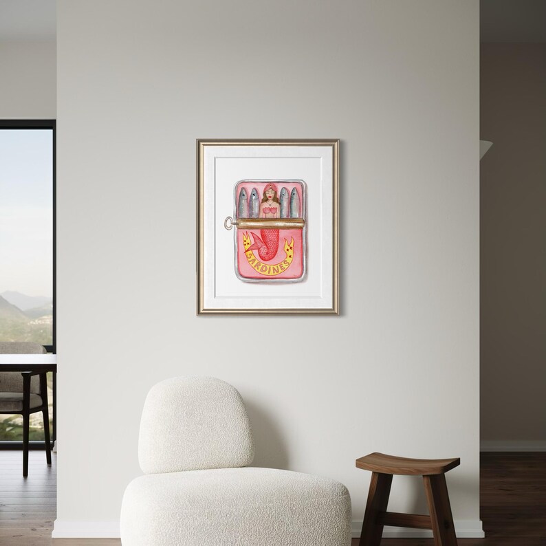 Impresión de sardinas de sirena, pintura de acuarela, arte de pared de cocina, impresión en hojalata, arte de comida retro, lata de sardinas divertida, imagen 11