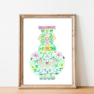 Chinoiserie  Green Ginger Jar Watercolor Wall Art Print Chinoiserie Vase Art Vintage Porcelain Vase Arts For Living Room Ginger Jar Decor