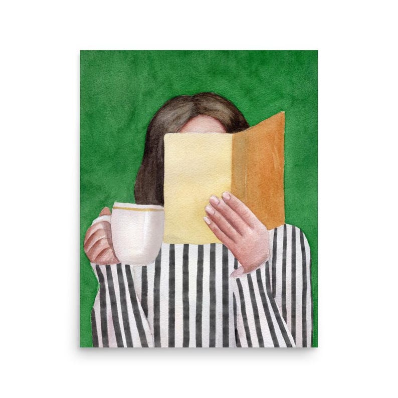 Woman Reading Emerald Green Art Print, Modern Reading Woman Art, Abstract Woman Portrait, Contemporary Style Wall Art, Watercolor Painting