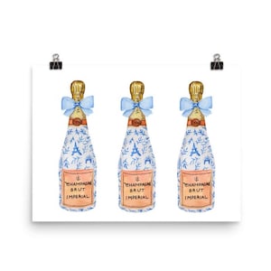 Blue Champagne Wall Art, Malarstwo akwarelowe, Modna sztuka ścienna, Wydruk na wózek barowy dla dziewcząt, Wydruk Preppy, Wydruk w kolorze szampana, Wydruk estetyczny dla dziewcząt