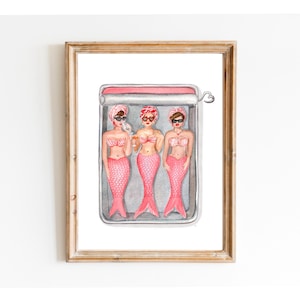 Impresión de sardinas de sirena, pintura de acuarela, arte de pared de cocina, impresión en hojalata, arte de comida retro, divertida lata de sardinas,