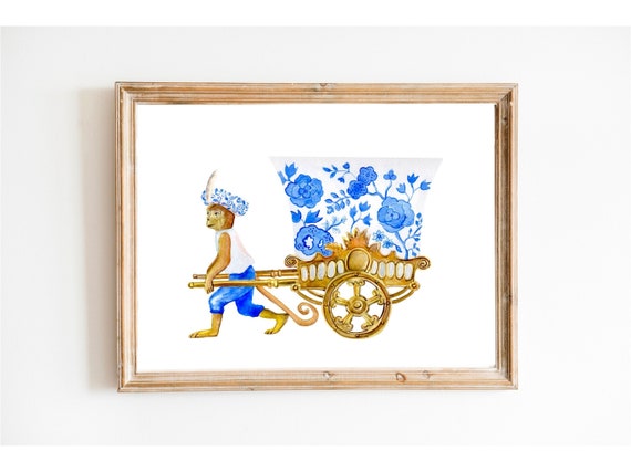 Chinoiserie Wall Art Print Monkey And Ginger Jar, Blue White Decor, Gift Idea, Vintage Chinoiserie, Watercolor Painting, Nursery Decor Print