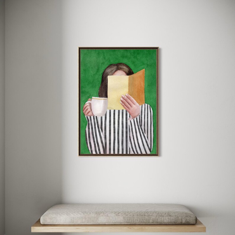 Woman Reading Emerald Green Art Print, Modern Reading Woman Art, Abstract Woman Portrait, Contemporary Style Wall Art, Watercolor Painting image 15