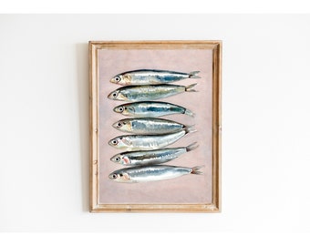 Sardines Wall Art, Watercolor Sardines, Sardine Art Poster, Fish Still Life, Gift Sardines, Gift For Kitchen, Trendy Wall Art, Fish Print