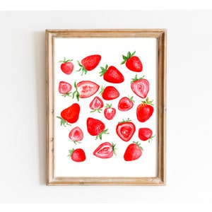 Strawberry Watercolor Painting Wall Art Print, Food Wall Art, Kids Gift, Cute Strawberry, Summer Fruit, Strawberry Pop Art Print, Red Print