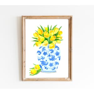 Chinoiserie Vase und gelbe Tulpen, blau weißes Ingwerglas, Blumenvasenmalerei, Vintage Chinoiserie, Ingwervase, Wohnungsdekor, Druck