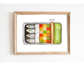 Sardine Tin Watercolor Print | Vintage Kitchen Wall Art | Foodie Gift