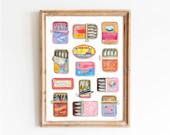 Tinned Sardines Watercolor Print | Retro Kitchen Wall Art | Vintage Food Poster