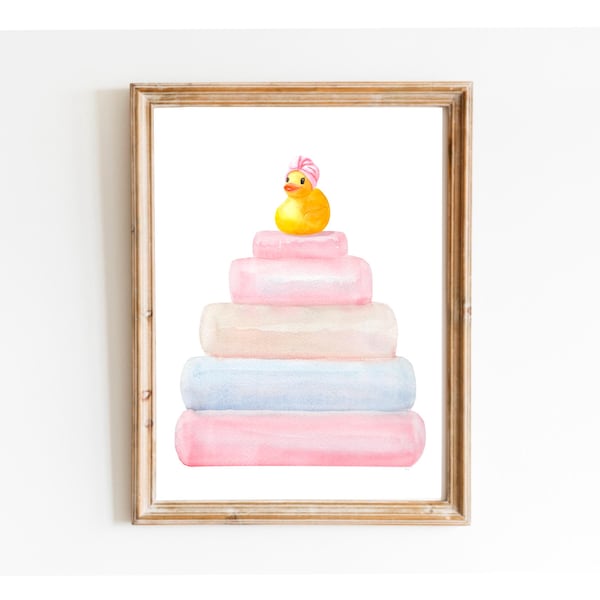Cute Rubber Duck Bathroom Wall Art, Duck Print Bath, Nursery Art, Light Pink Bathroom, Baby Room Wall Art, Duck In Towel Art Print