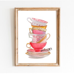 Tazze da tè, stampa ad acquerello, amanti del tè, regalo per la cucina, regalo per la pittura di tazze, regalo per gli amanti del tè, stampa da parete