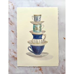 Tazze da tè con pittura ad acquerello originale, natura morta, opera d'arte, pittura cineseria, tazze da tè blu, regalo per gli amanti del tè, pittura artistica originale