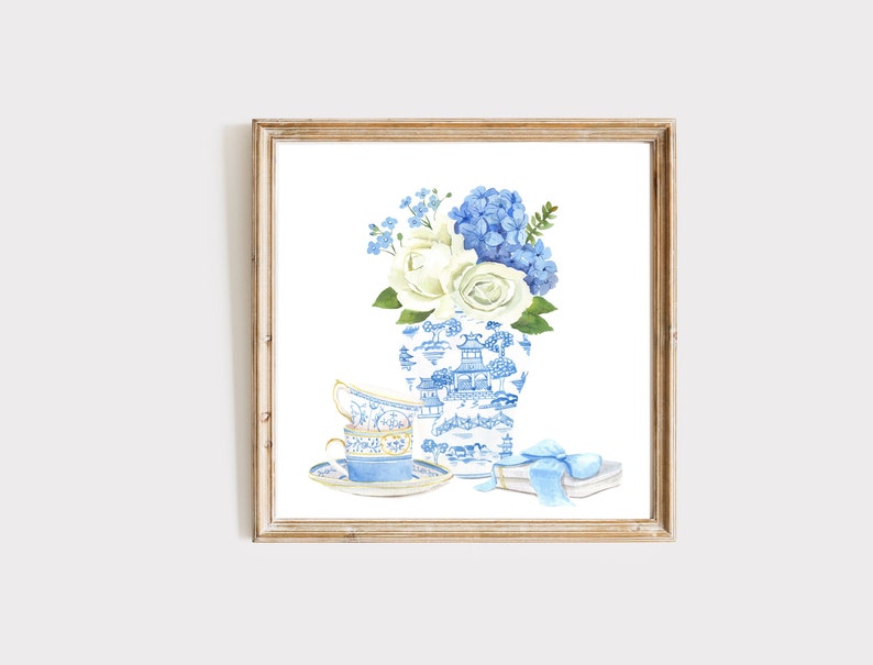 Blue Hydrangea Chinoiserie Ginger Jar Print,Blue And White, French Theme, Ginger Jar Art, Chinoiserie Wall Art Print, Tea Cups Painting 画像 1