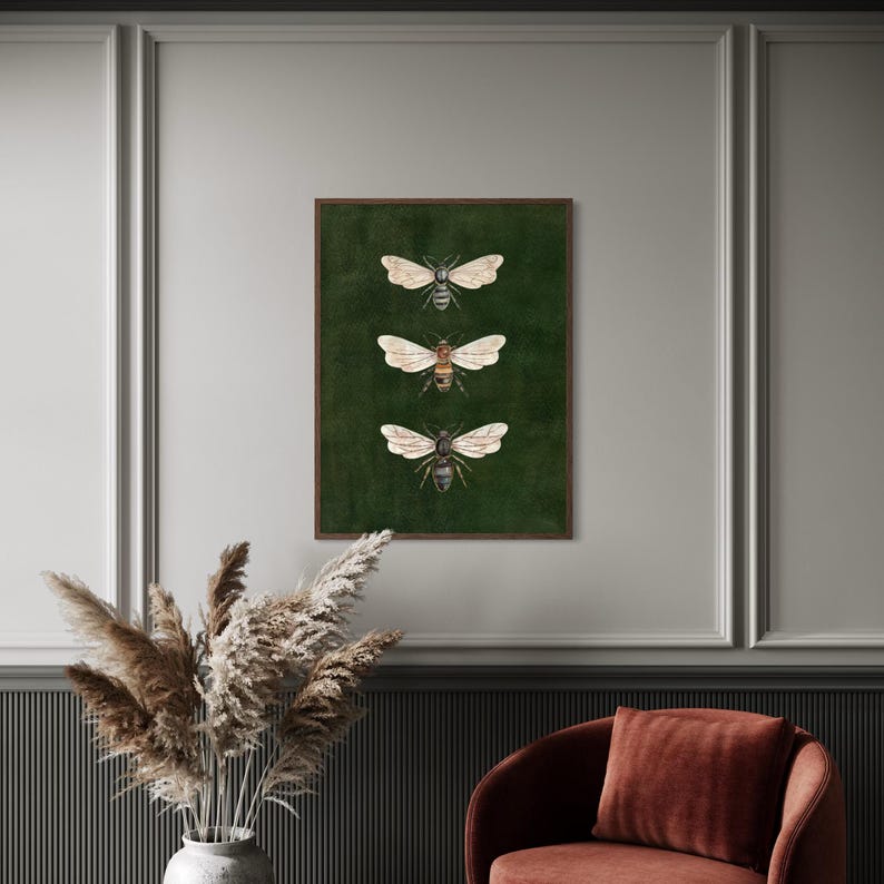 May include: A rectangular wall art print featuring three detailed illustrations of bees arranged vertically. The bees are depicted with translucent wings and brown and black bodies, set against a solid, deep forest green background within a thin brown frame.