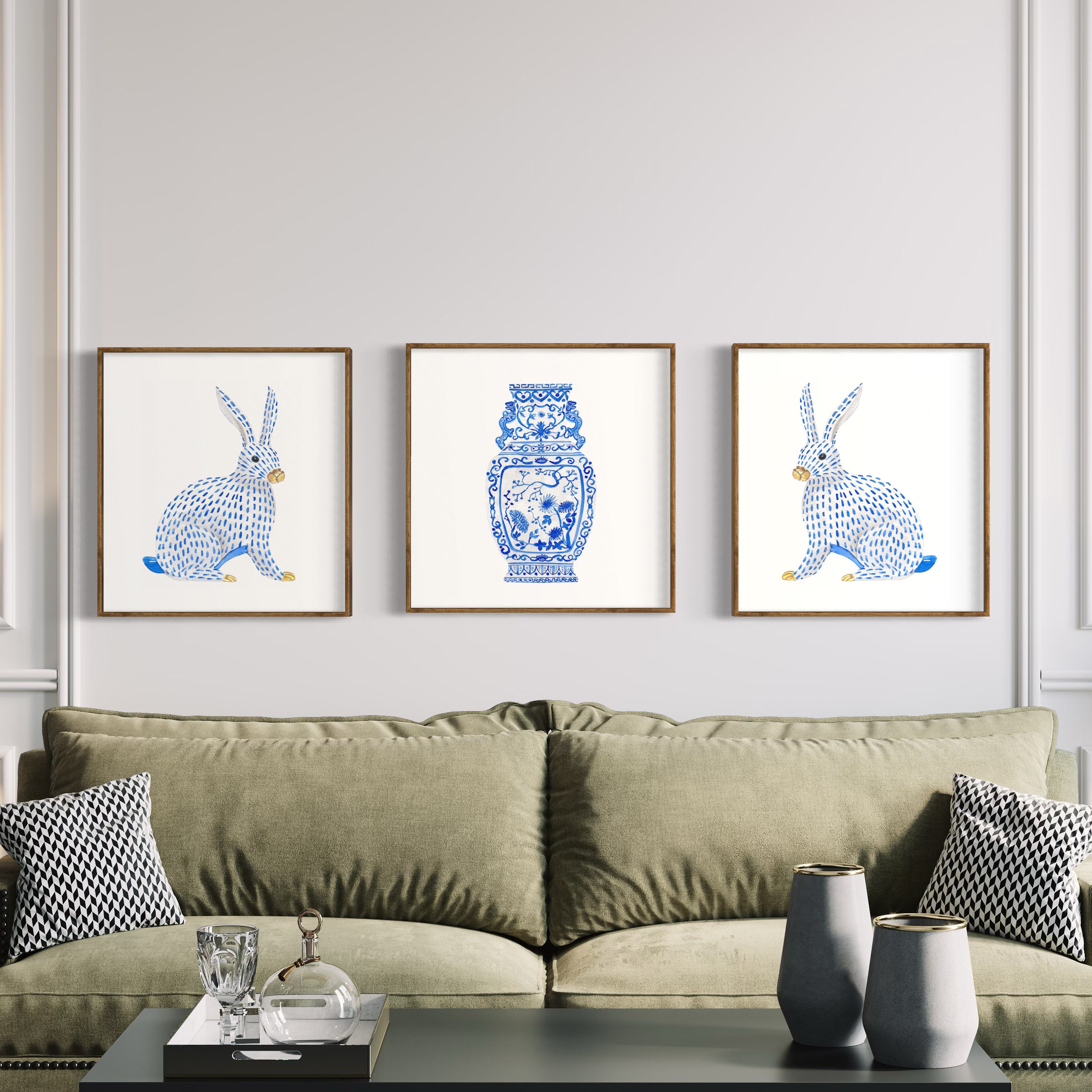Blue and White Ginger Jar Vase Set of 3 Watercolor Rabbit Etsy