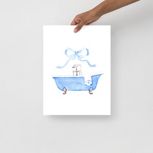 Blue Bathroom Bow  Watercolor Art Print, Blue Bathtub, Gift For Her, Vintage Bathroom Art, Farmhouse Bathroom, Bathtub Painting, Blue Art