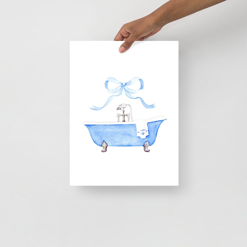 Blue Bathroom Bow  Watercolor Art Print, Blue Bathtub, Gift For Her, Vintage Bathroom Art, Farmhouse Bathroom, Bathtub Painting, Blue Art
