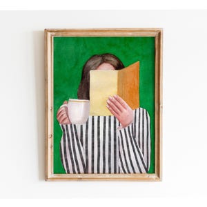 Stampa artistica verde smeraldo di donna che legge, arte moderna di donna che legge, ritratto di donna astratto, arte murale in stile contemporaneo, pittura ad acquerello
