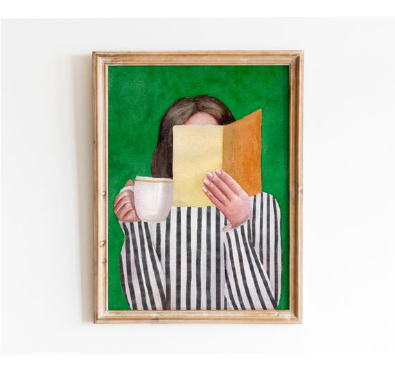 Woman Reading Emerald Green Art Print, Modern Reading Woman Art, Abstract Woman Portrait, Contemporary Style Wall Art, Watercolor Painting