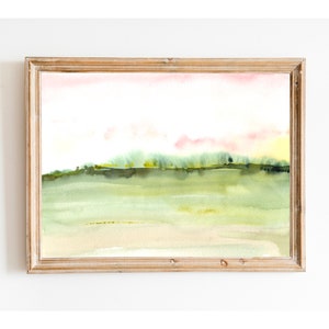Pink Green Landscape Watercolor Painting,Neutral Maximalist Pink Art,Horizontal Art, Minimalist Landscape Wall Art, Pink Wall Decor