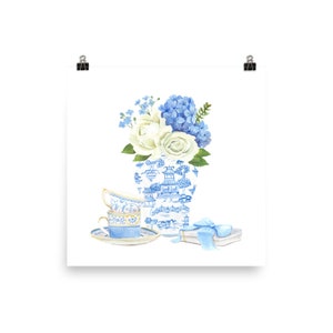Blue Hydrangea Chinoiserie Ginger Jar Print,Blue And White, French Theme, Ginger Jar Art, Chinoiserie Wall Art Print, Tea Cups Painting