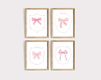 Pink Bow Set Of 4 Watercolor Painting, Love Shack Fancy, Preppy Girls Gift, Baby Bow Art, Nursery Decor, Watercolor Bow, Little Girl Nursery